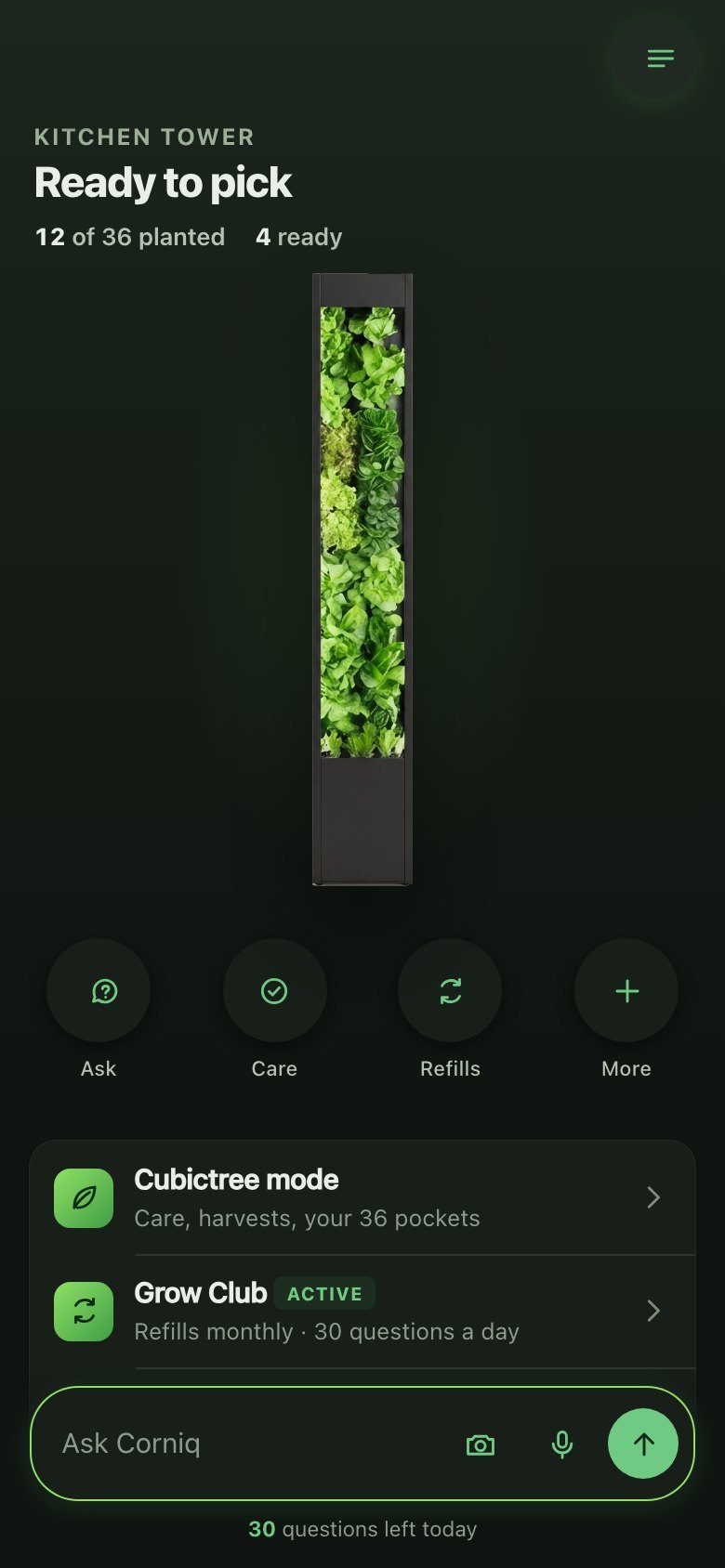 The Cubictree owners app: the home screen showing a live tower, care status and the Ask Corniq bar