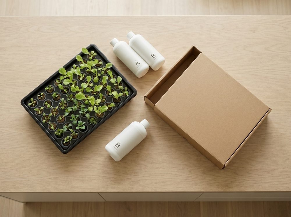The monthly Grow Club delivery: a tray of seedling plugs and two nutrient bottles