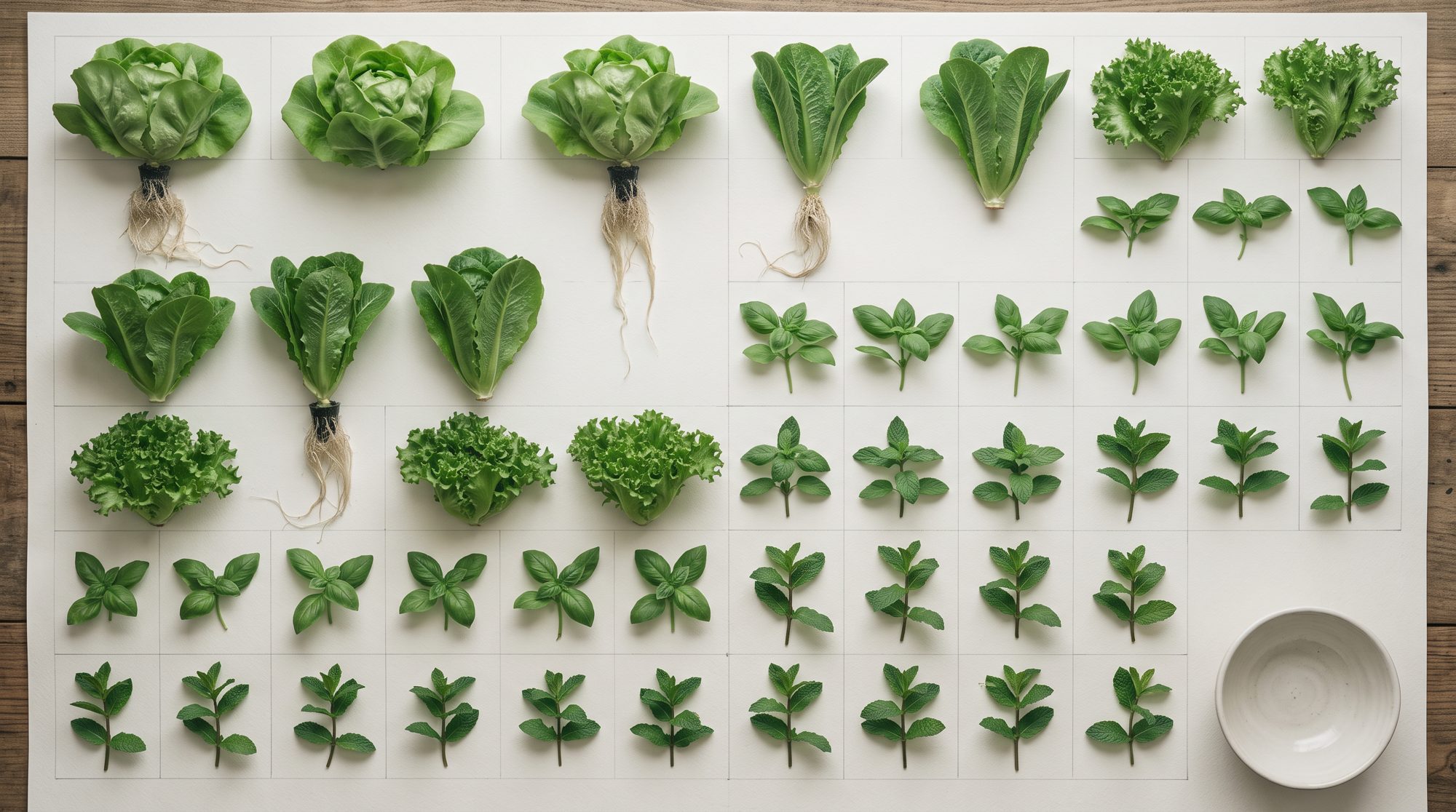 A weekly harvest of lettuces and herbs arranged in a neat specimen grid