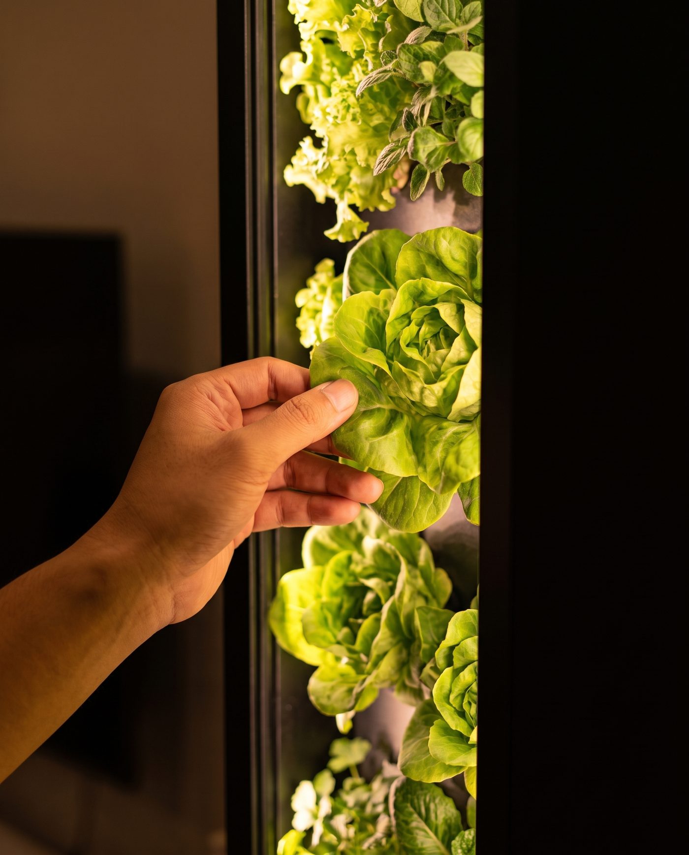A hand picking one outer butterhead leaf from the glowing tower wall